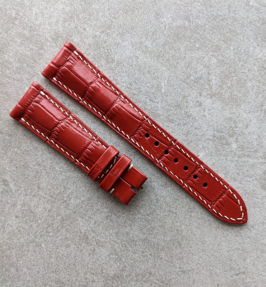 Embossed Crocodile Watch Strap - Red W/Cream Stitching