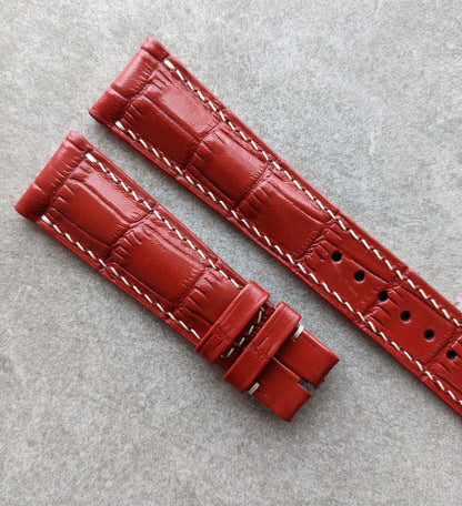 Embossed Crocodile Watch Strap - Red W/Cream Stitching