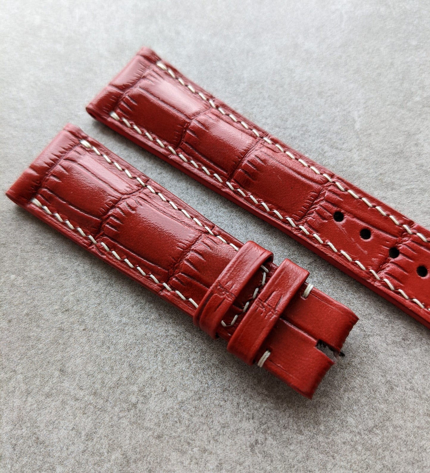 Embossed Crocodile Watch Strap - Red W/Cream Stitching