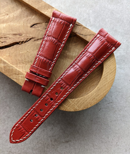 Embossed Crocodile Watch Strap - Red W/Cream Stitching