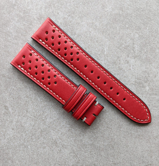 French Calfskin Rally Watch Strap - Red W/Cream stitching