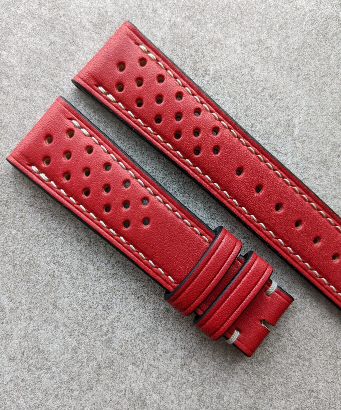 French Calfskin Rally Watch Strap - Red W/Cream stitching