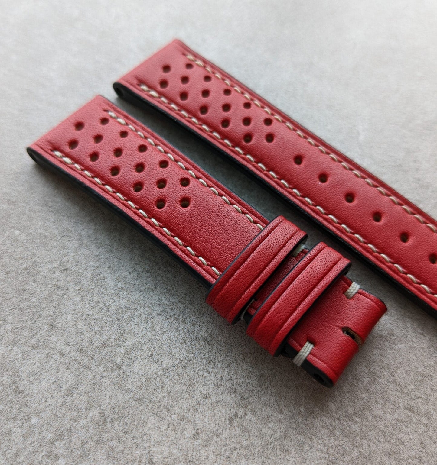 French Calfskin Rally Watch Strap - Red W/Cream stitching