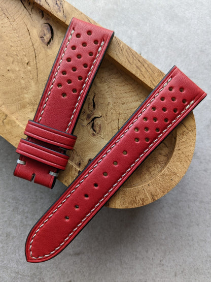 French Calfskin Rally Watch Strap - Red W/Cream stitching