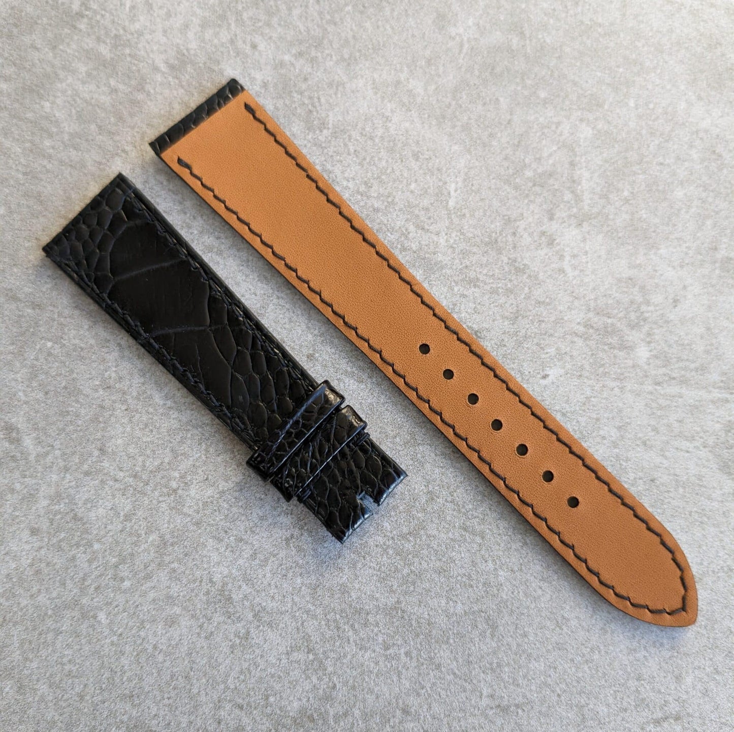 Ostrich Shin Flat Watch Strap - Black