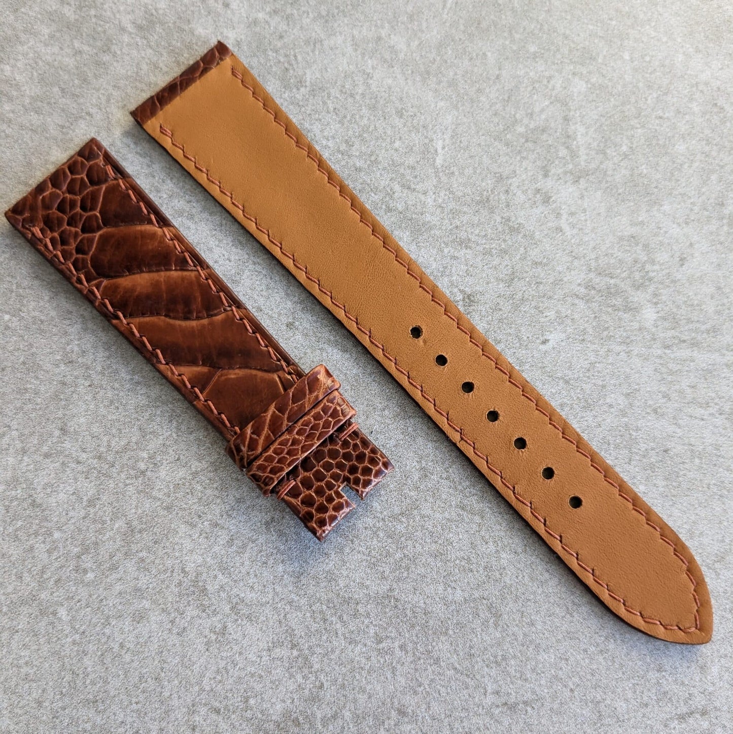 Ostrich Shin Flat Watch Strap - Cognac