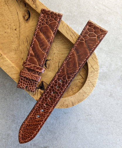 Ostrich Shin Flat Watch Strap - Cognac