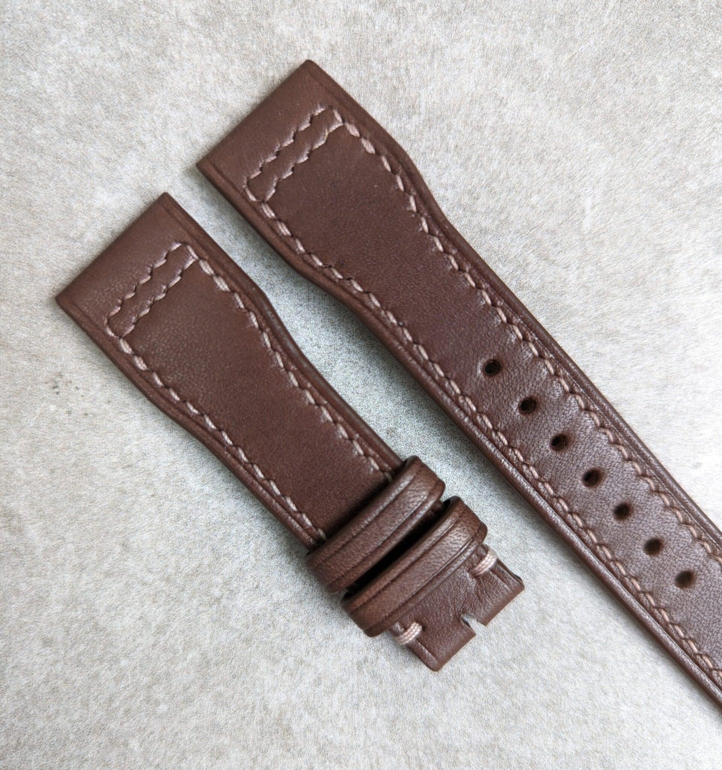 French Calfskin IWC Style Strap - Chocolate Brown W/Cream Stitching