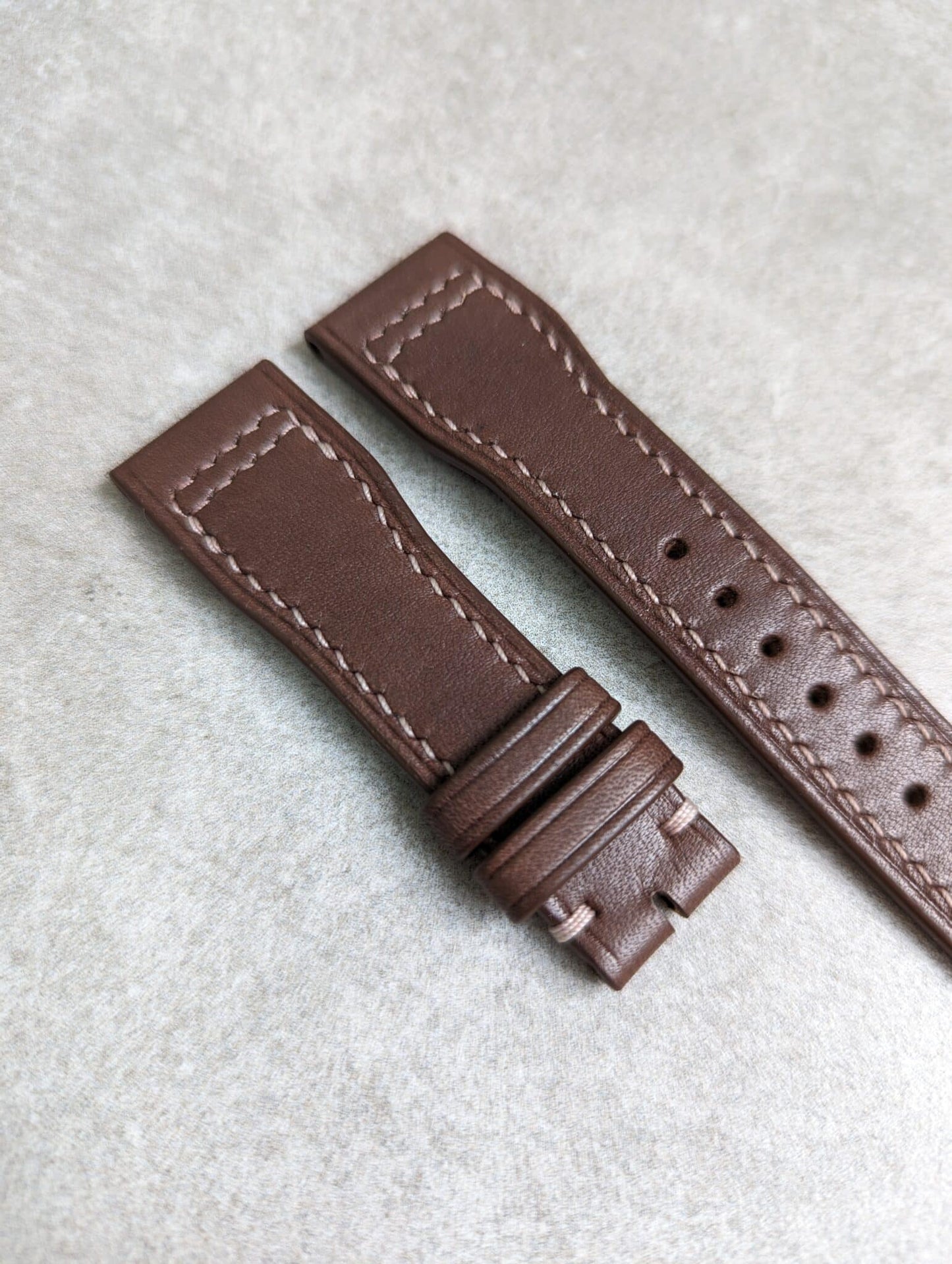 French Calfskin IWC Style Strap - Chocolate Brown W/Cream Stitching