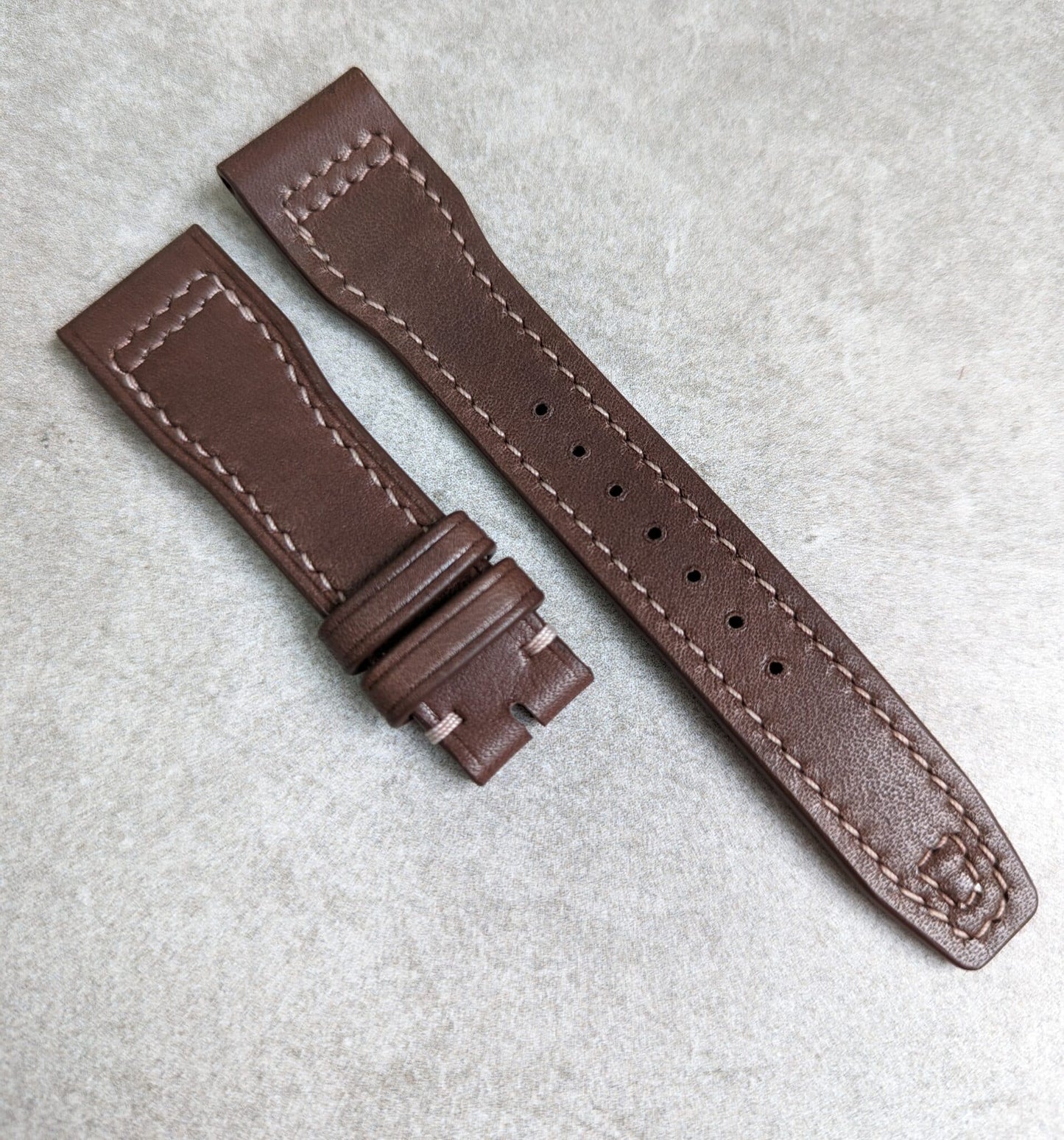 French Calfskin IWC Style Strap - Chocolate Brown W/Cream Stitching