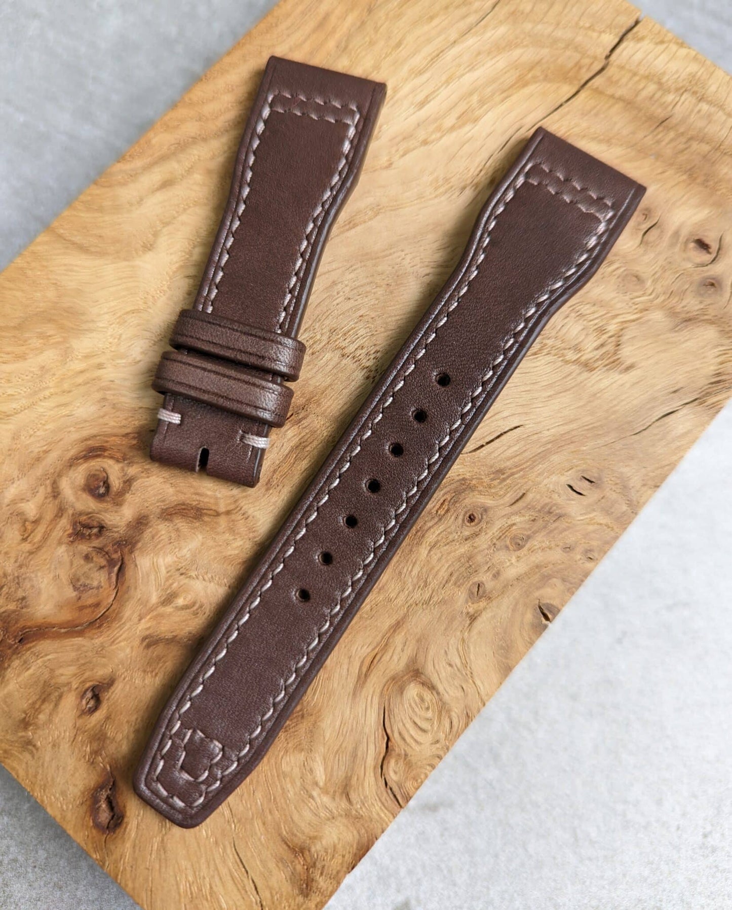 French Calfskin IWC Style Strap - Chocolate Brown W/Cream Stitching