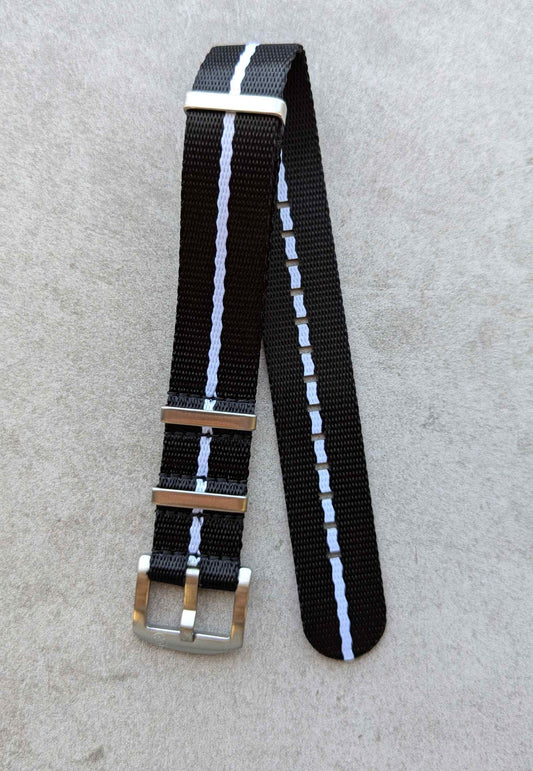 Premium Fabric Watch Strap - Black W/White Pinstripe