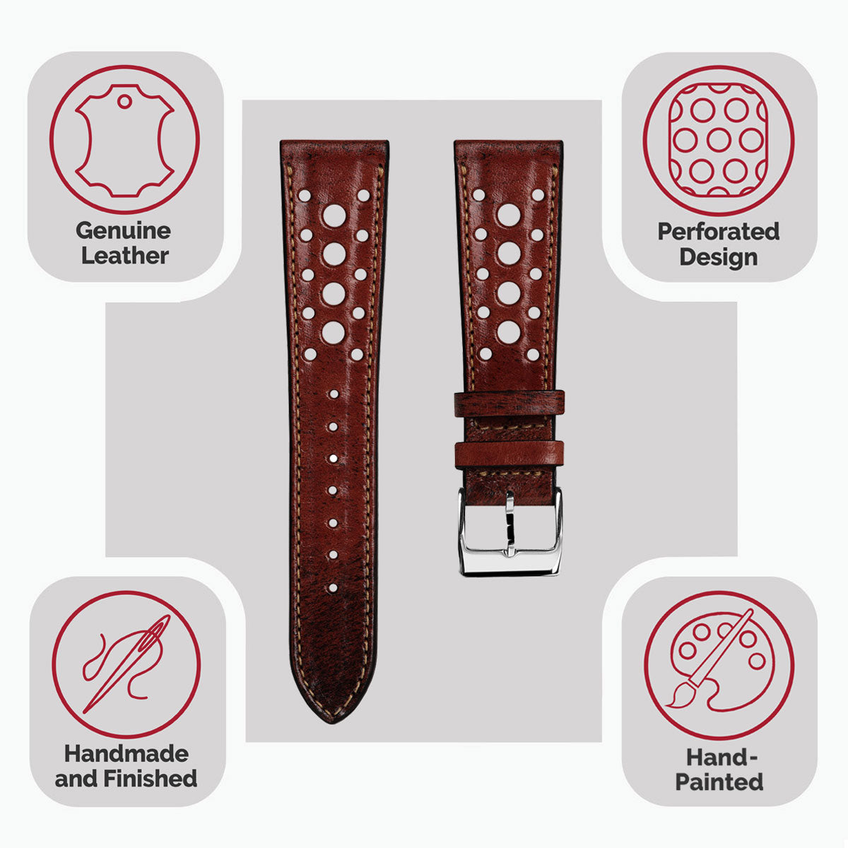 Radstock Racing Style Genuine Leather Watch Strap - Vintage Red