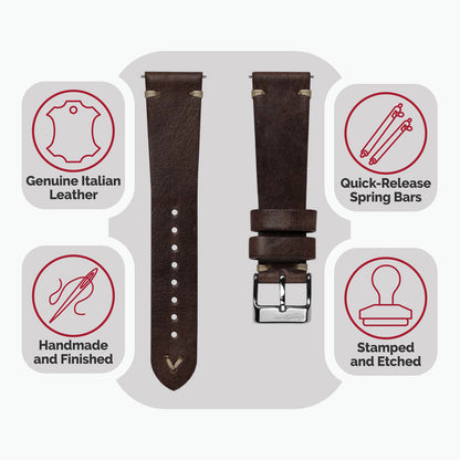 Simple Handmade Italian Leather Watch Strap - Chocolate Brown