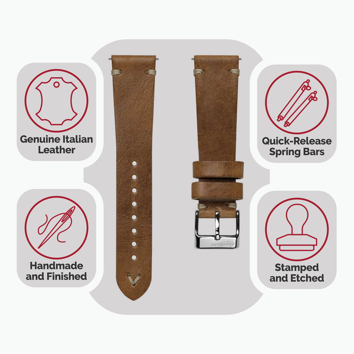 Simple Handmade Italian Leather Watch Strap - Light Brown