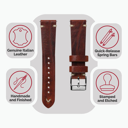 Simple Handmade Italian Leather Watch Strap - Reddish Brown