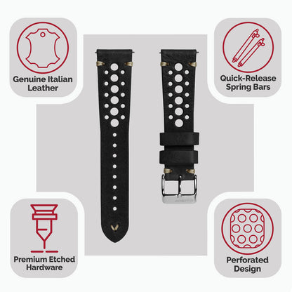 Simple Handmade Italian Leather Perforated Watch Strap - Black