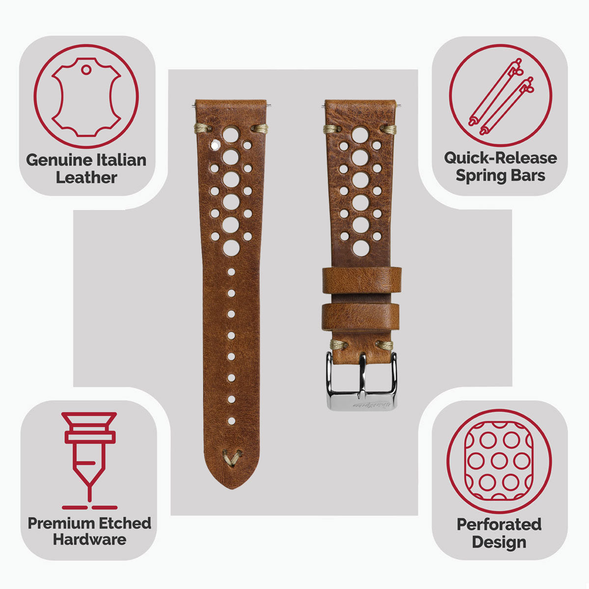 Simple Handmade Italian Leather Perforated Watch Strap - Light Brown