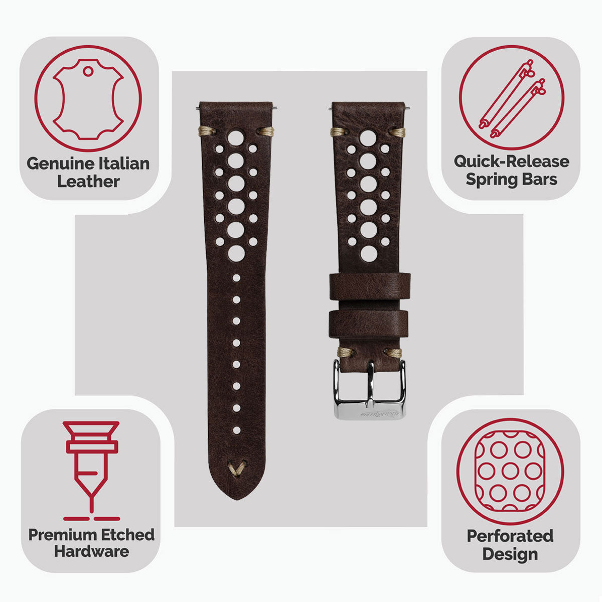 Simple Handmade Italian Leather Perforated Watch Strap - Chocolate Brown