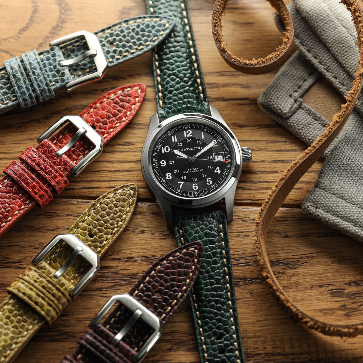 Adassa-Gel padded Lederarmband für Uhren - Kaviar-Oxblood-Rot