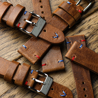 Simple Handmade Italian Leather Watch Strap - Light Brown Pepsi Stitch