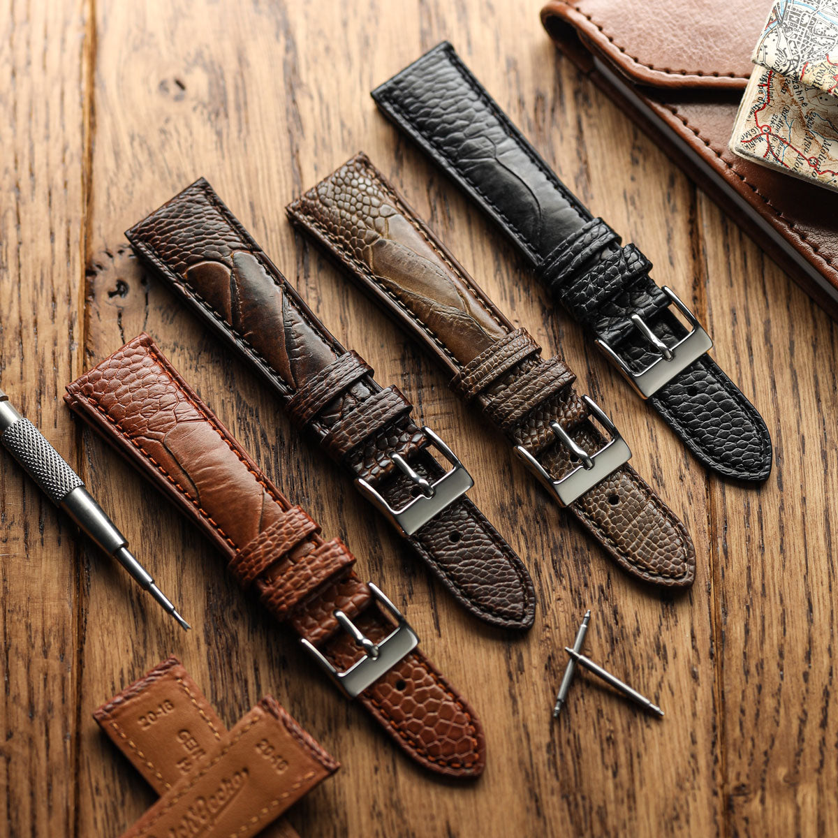 Ostrich Leg Leather Watch Strap - Black