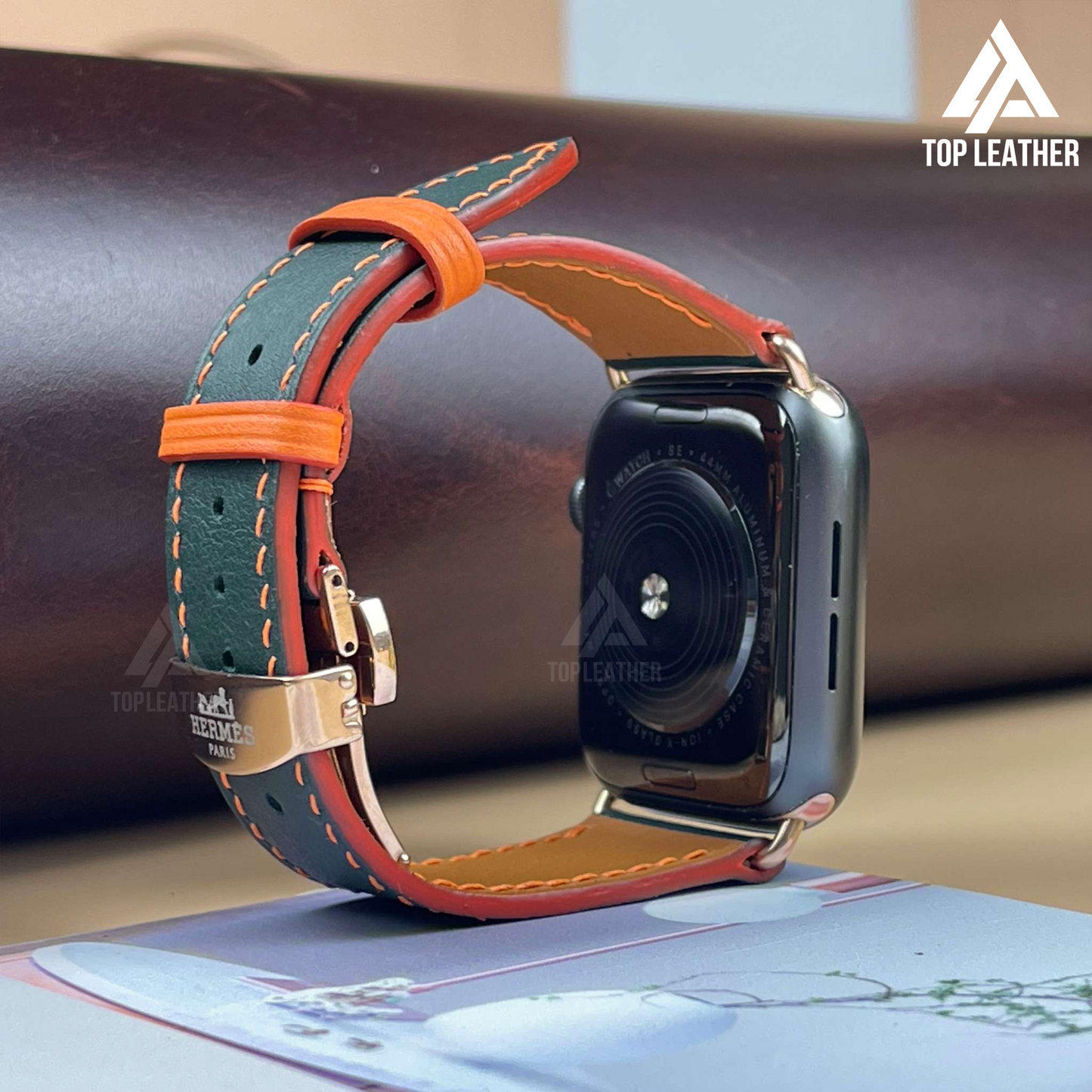 Watch Strap Swift Leather for Apple Watch, Mechanical Watch - Moss Green mix Orange Thread SW12.33