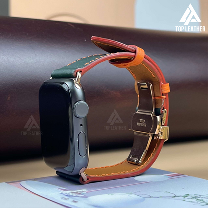 Watch Strap Swift Leather for Apple Watch, Mechanical Watch - Moss Green mix Orange Thread SW12.33