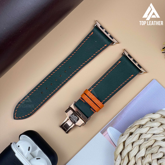 Watch Strap Swift Leather for Apple Watch, Mechanical Watch - Moss Green mix Orange Thread SW12.33