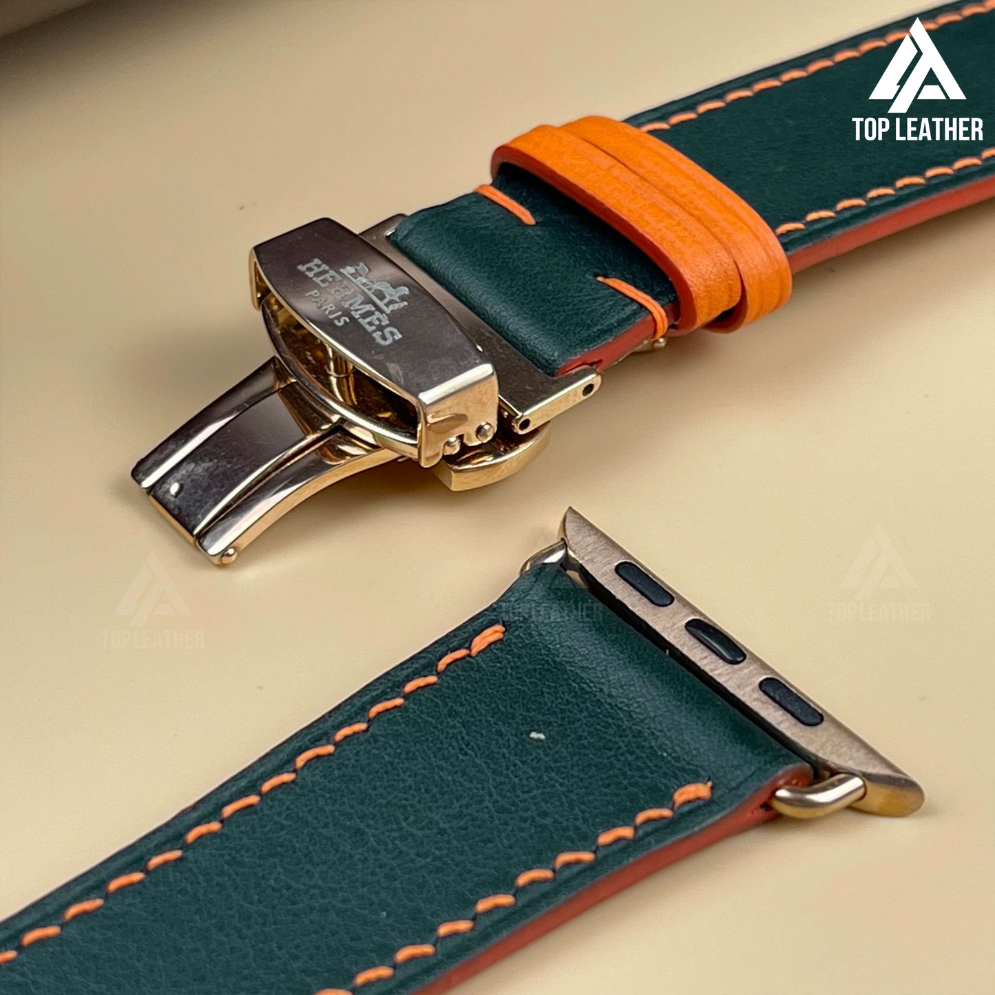 Watch Strap Swift Leather for Apple Watch, Mechanical Watch - Moss Green mix Orange Thread SW12.33