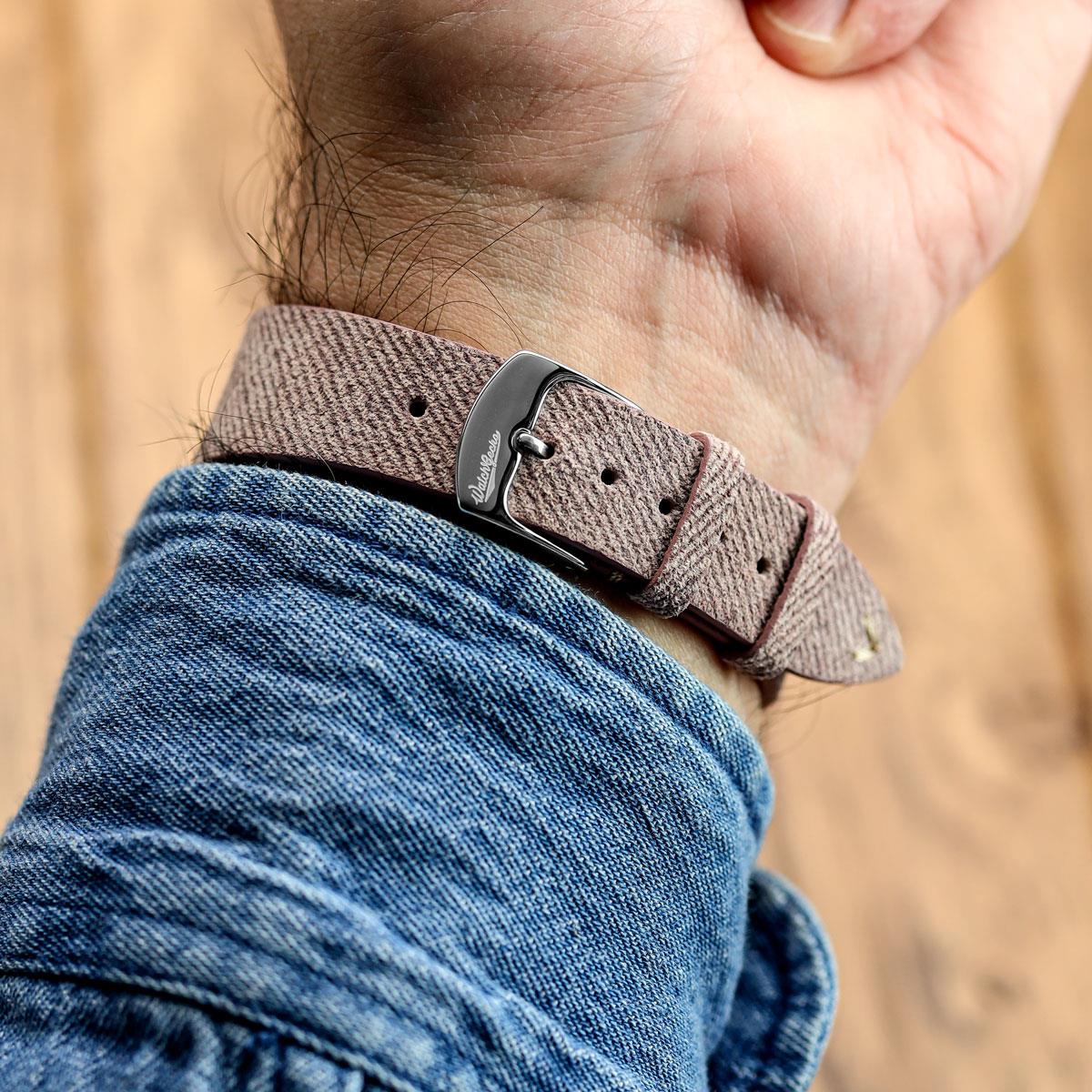 Arbour V-Stitch Denim & Genuine Leather Watch Strap with Quartz Pink Accent