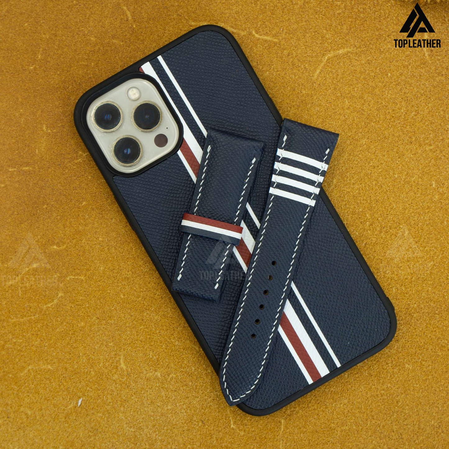 Epsom Leather IPhone Case -  Blue Navy mix of White & Red plaid pattern