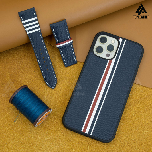 Epsom Leather IPhone Case -  Blue Navy mix of White & Red plaid pattern