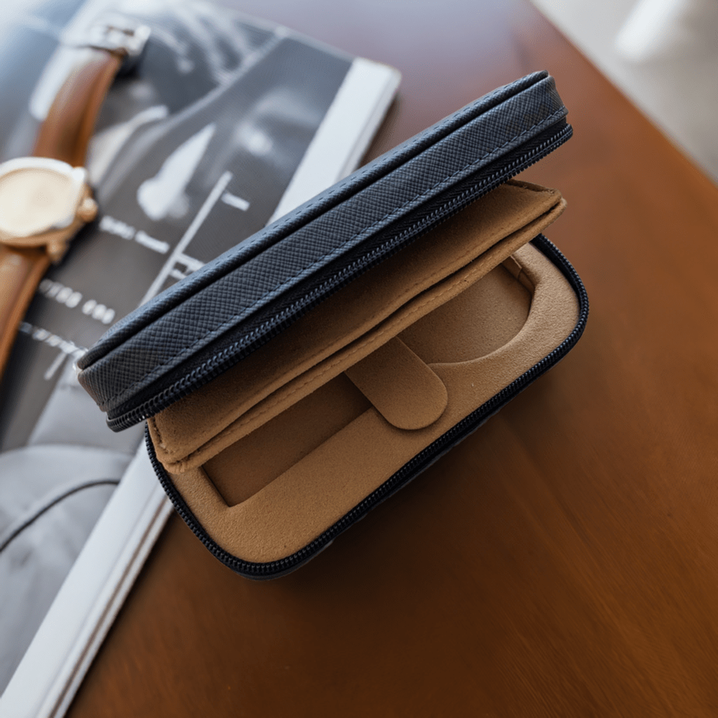 Navy Blue & Camel Travel Case - 2 Watch Zip Case