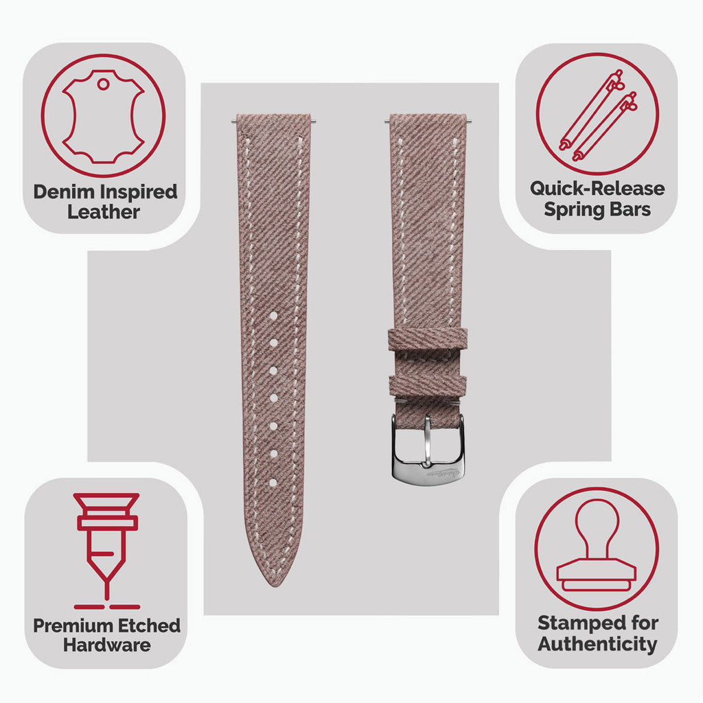 Arbour Handgenähte Denim-Design Echtes Leder Uhrenarmband - Quartz Rosa