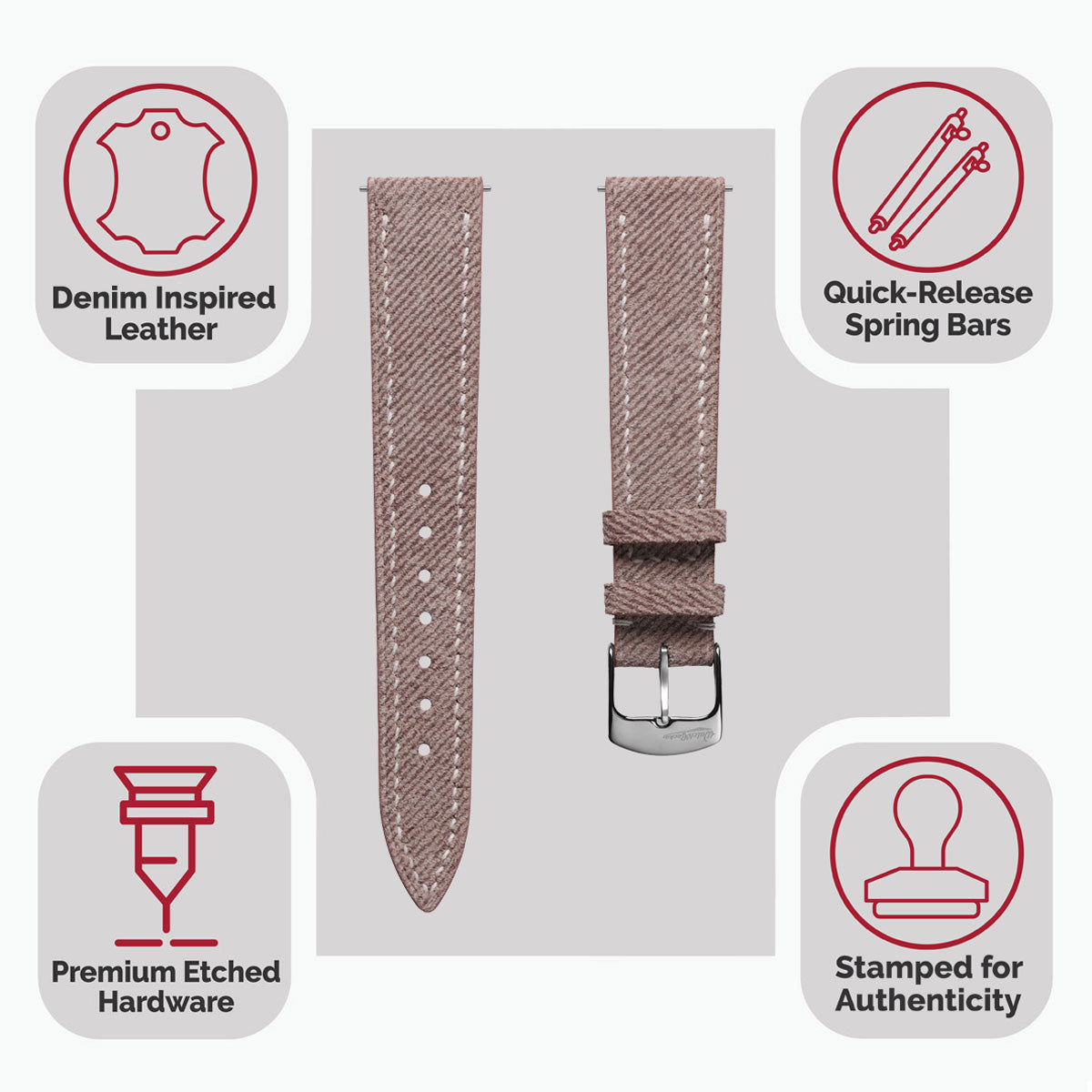 Arbour Handgenähte Denim-Design Echtes Leder Uhrenarmband - Quartz Rosa