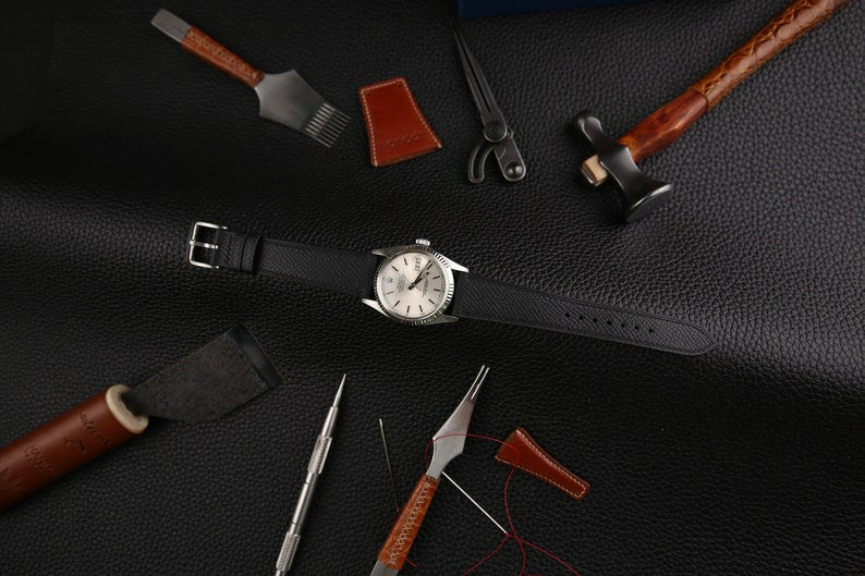 Black Epsom Leather Watch Strap, Black Epsom Leather Handmade Watch Strap, Epsom Strap Watch 16mm 18mm 19mm 20mm 21mm