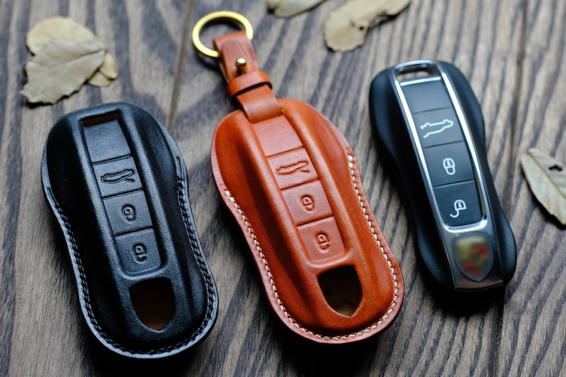 Personalized Key Cover For Porsche 911 718 Cayenne ... Leather Protector Case for Keyless Remote Entry Key FOB Cover Key Holder Key Chain