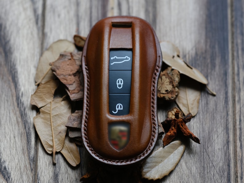 Personalized Leather Key Cover Case For Keyless Remotes Entry Key Fob Porsche 911 718 Cayenne Macan Taycan Panamera ... Gift For Him
