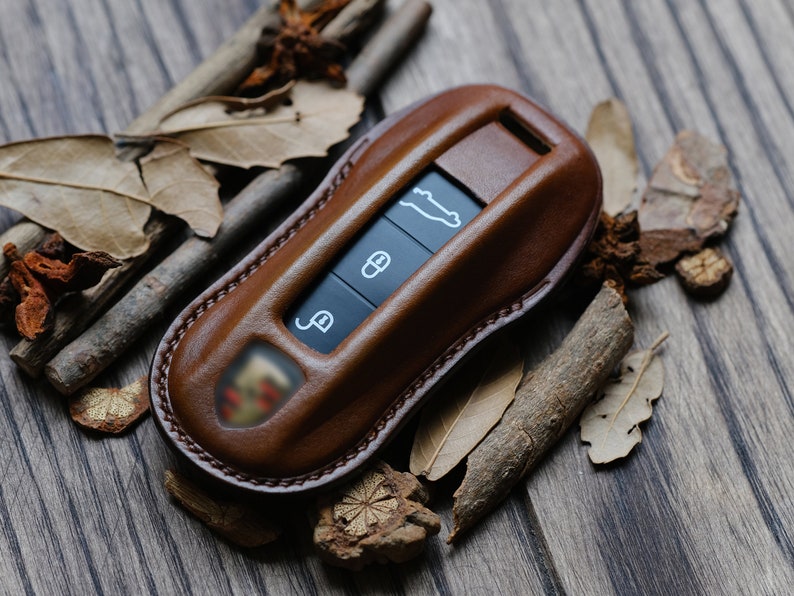 Personalized Leather Key Cover Case For Keyless Remotes Entry Key Fob Porsche 911 718 Cayenne Macan Taycan Panamera ... Gift For Him