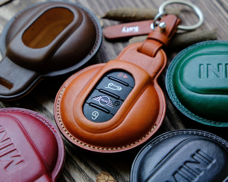 MINI Key Fob Cover, Leather Key Case For Mini Countryman| Clubman| Paceman| 3 Door| 5 Door... Gift for Mom, Personalized Name Card