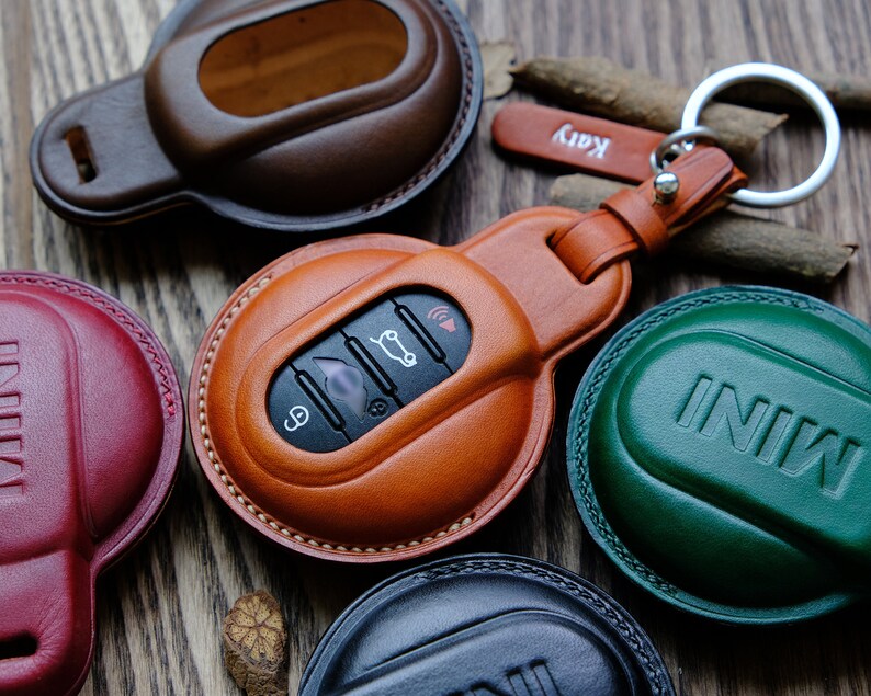 MINI Key Fob Cover, Leather Key Case For Mini Countryman| Clubman| Paceman| 3 Door| 5 Door... Gift for Mom, Personalized Name Card