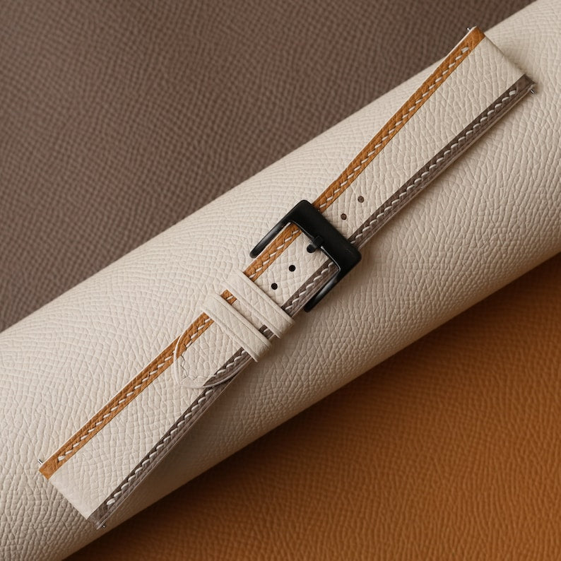 Tricolor Sesame Epsom Leather Watch Strap, Tricolor Sesame Epsom Handmade Watch Strap, Epsom Strap Watch 16mm 18mm 19mm 20mm 21mm