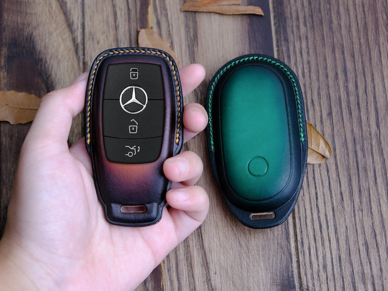 Handmade Leather Key Fob For Mercedes-Benz GLE, Handcraft Leather Car Key Case Fit For Mercedes Benz C E S-Class GLA GLC, Mercedes Accessory