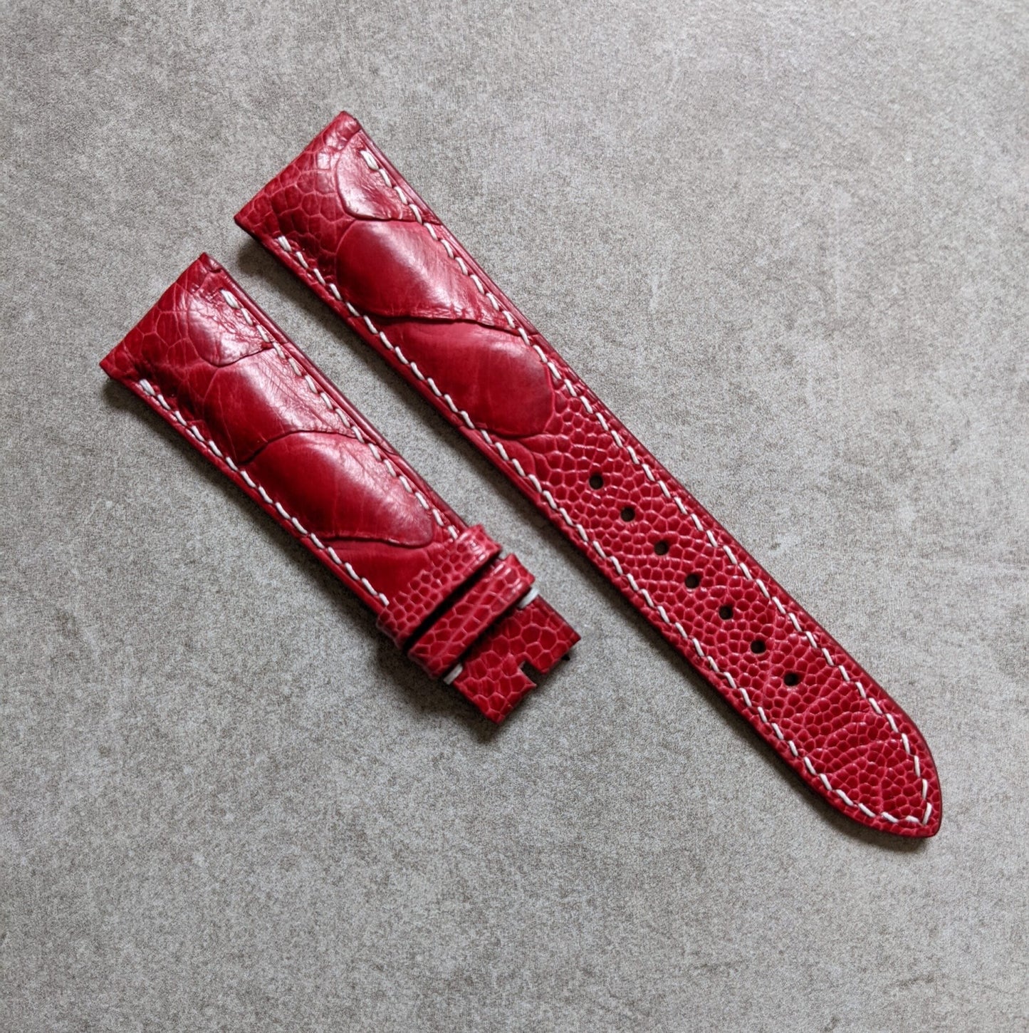 Ostrich Shin Padded Watch Strap - Red W/White Stitching