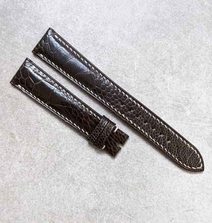 Ostrich Shin Watch Strap - Dark Brown W/Cream stitching