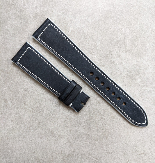 Pueblo Calfskin Strap - Navy Blue W/White Stitching & Edges