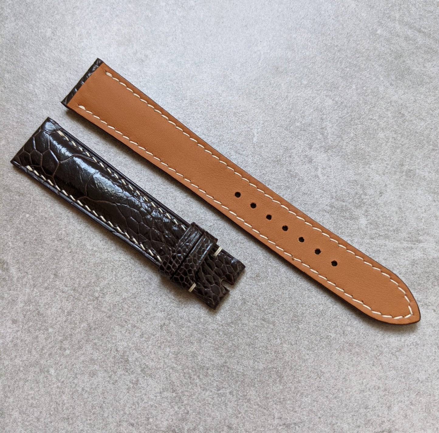 Ostrich Shin Watch Strap - Dark Brown W/Cream stitching