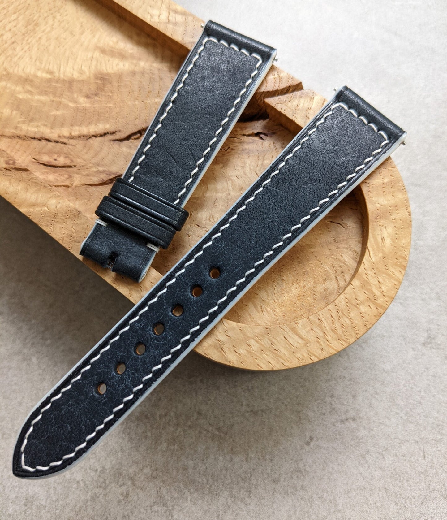 Pueblo Calfskin Strap - Navy Blue W/White Stitching & Edges