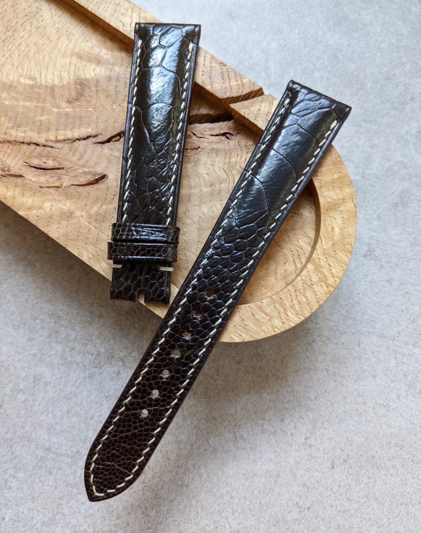 Ostrich Shin Watch Strap - Dark Brown W/Cream stitching